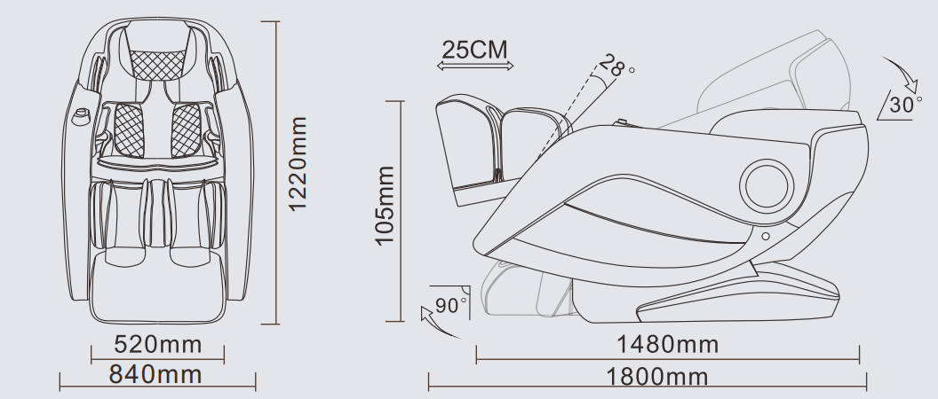 Masazne kreslo President A701 3D velkost a rozmery showroom Trnava